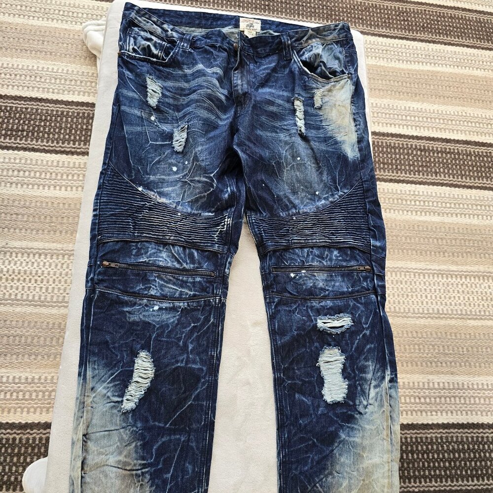 Smoke rise distressed denim blue mens 44/32